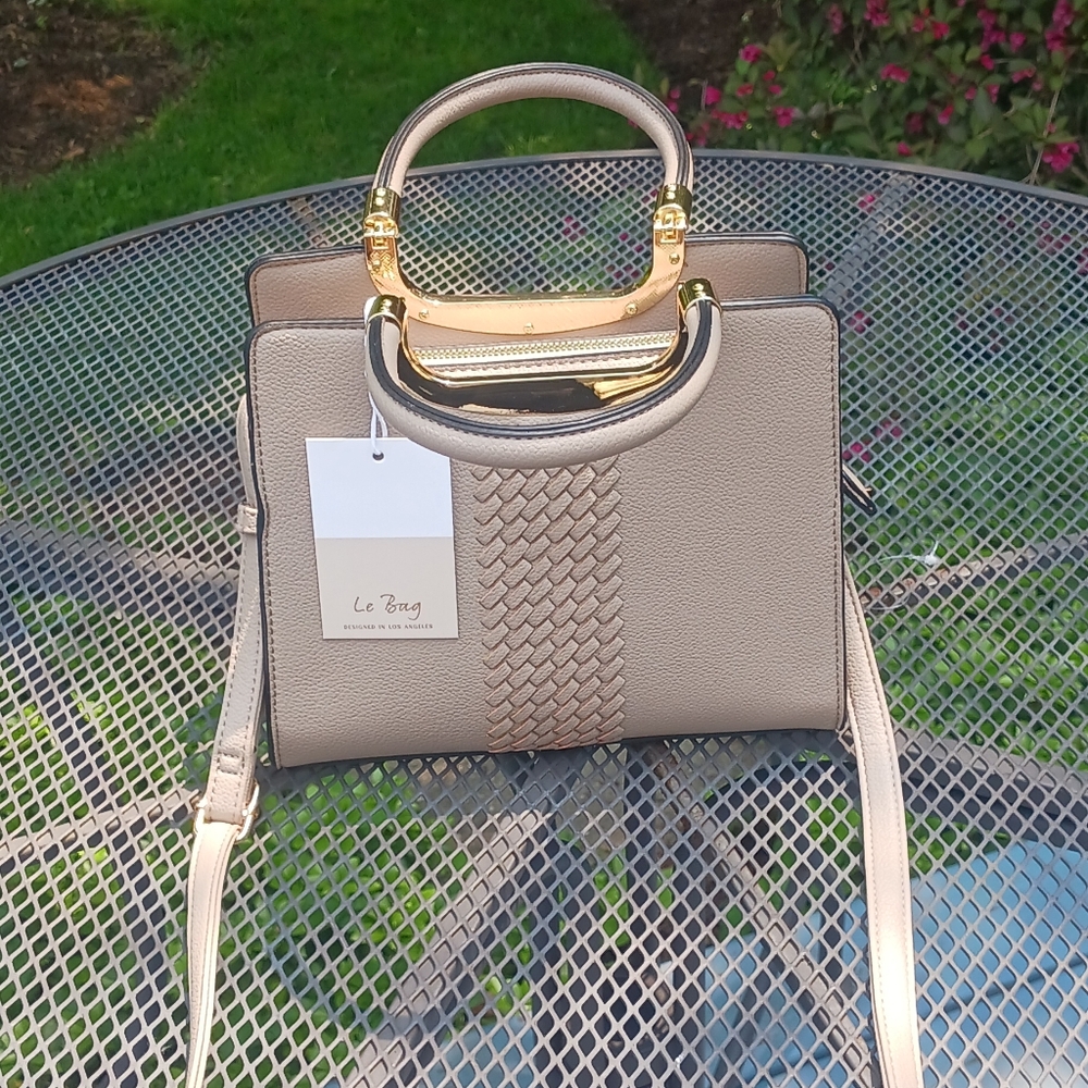 Tan Satchel with Mesh Texture and Gold Accents